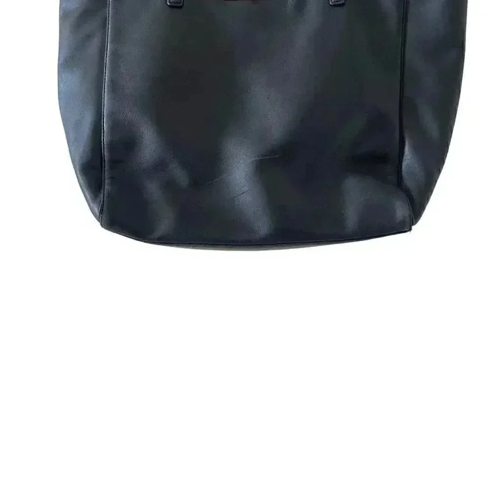 Kate Spade New York Logo Black Leather Tote Double Handles Shoulder Bag Ruffle